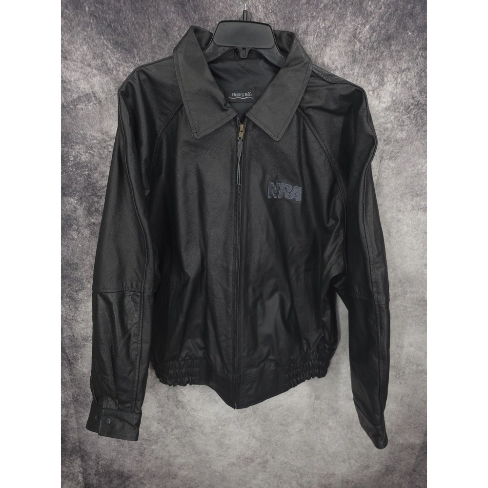 NRA Burks Bay Jacket Mens 2XL Black Leather Full Zip Biker Bomber‎ Heavyweight